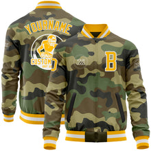 Laden Sie das Bild in den Galerie-Viewer, Custom Camo Gold-White Bomber Varsity Letterman Salute To Service Zipper Jacket