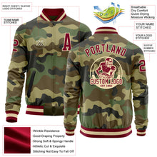 Laden Sie das Bild in den Galerie-Viewer, Custom Camo Maroon-Cream Bomber Varsity Letterman Salute To Service Zipper Jacket