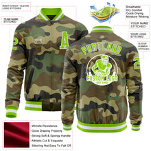 Laden Sie das Bild in den Galerie-Viewer, Custom Camo Neon Green-White Bomber Varsity Letterman Salute To Service Zipper Jacket