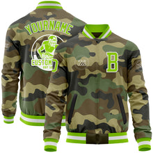 Laden Sie das Bild in den Galerie-Viewer, Custom Camo Neon Green-White Bomber Varsity Letterman Salute To Service Zipper Jacket