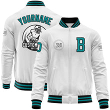 Laden Sie das Bild in den Galerie-Viewer, Custom White Teal-Black Bomber Varsity Letterman Zipper Jacket