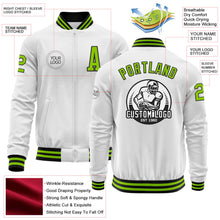 Laden Sie das Bild in den Galerie-Viewer, Custom White Neon Green-Black Bomber Varsity Letterman Zipper Jacket