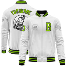 Laden Sie das Bild in den Galerie-Viewer, Custom White Neon Green-Black Bomber Varsity Letterman Zipper Jacket