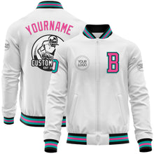 Laden Sie das Bild in den Galerie-Viewer, Custom White Aqua Black-Pink Bomber Varsity Letterman Zipper Jacket