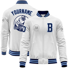Laden Sie das Bild in den Galerie-Viewer, Custom White Navy-Light Blue Bomber Varsity Letterman Zipper Jacket