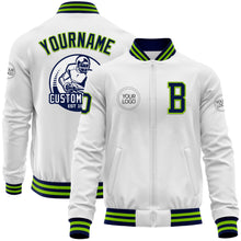 Charger l'image dans la galerie, Custom White Navy-Neon Green Bomber Varsity Letterman Zipper Jacket