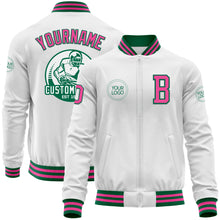 Charger l'image dans la galerie, Custom White Pink-Kelly Green Bomber Varsity Letterman Zipper Jacket