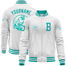 Laden Sie das Bild in den Galerie-Viewer, Custom White Aqua Bomber Varsity Letterman Zipper Jacket
