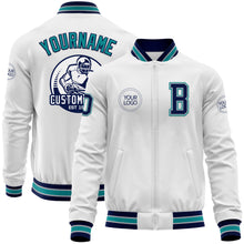 Charger l'image dans la galerie, Custom White Navy Gray-Teal Bomber Varsity Letterman Zipper Jacket