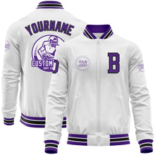 Laden Sie das Bild in den Galerie-Viewer, Custom White Purple-Black Bomber Varsity Letterman Zipper Jacket