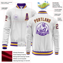 Laden Sie das Bild in den Galerie-Viewer, Custom White Purple-Gold Bomber Varsity Letterman Zipper Jacket