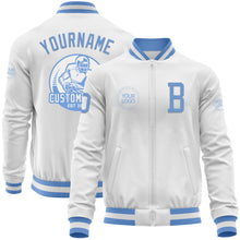 Laden Sie das Bild in den Galerie-Viewer, Custom White Light Blue Bomber Varsity Letterman Zipper Jacket