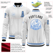 Laden Sie das Bild in den Galerie-Viewer, Custom White Light Blue-Black Bomber Varsity Letterman Zipper Jacket