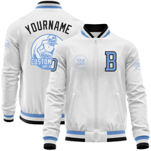 Laden Sie das Bild in den Galerie-Viewer, Custom White Light Blue-Black Bomber Varsity Letterman Zipper Jacket