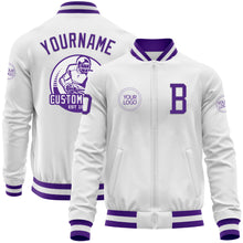 Laden Sie das Bild in den Galerie-Viewer, Custom White Purple Bomber Varsity Letterman Zipper Jacket