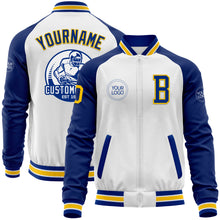 Charger l'image dans la galerie, Custom White Yellow-Royal Bomber Varsity Letterman Two Tone Zipper Jacket