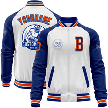 Laden Sie das Bild in den Galerie-Viewer, Custom White Orange-Royal Bomber Varsity Letterman Two Tone Zipper Jacket