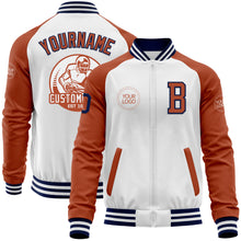 Charger l'image dans la galerie, Custom White Navy-Texas Orange Bomber Varsity Letterman Two Tone Zipper Jacket