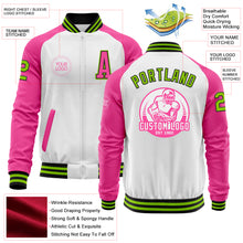 Laden Sie das Bild in den Galerie-Viewer, Custom White Neon Green Black-Pink Bomber Varsity Letterman Two Tone Zipper Jacket