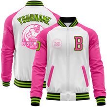 Laden Sie das Bild in den Galerie-Viewer, Custom White Neon Green Black-Pink Bomber Varsity Letterman Two Tone Zipper Jacket