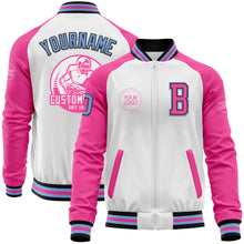Charger l'image dans la galerie, Custom White Light Blue Black-Pink Bomber Varsity Letterman Two Tone Zipper Jacket