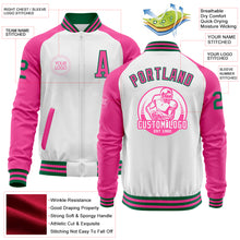 Charger l'image dans la galerie, Custom White Kelly Green-Pink Bomber Varsity Letterman Two Tone Zipper Jacket