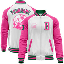 Charger l'image dans la galerie, Custom White Kelly Green-Pink Bomber Varsity Letterman Two Tone Zipper Jacket