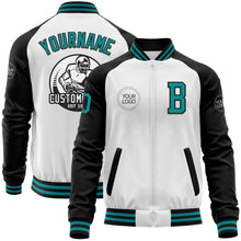 Charger l'image dans la galerie, Custom White Teal-Black Bomber Varsity Letterman Two Tone Zipper Jacket