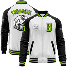 Charger l'image dans la galerie, Custom White Neon Green-Black Bomber Varsity Letterman Two Tone Zipper Jacket