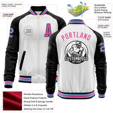 Laden Sie das Bild in den Galerie-Viewer, Custom White Light Blue Black-Pink Bomber Varsity Letterman Two Tone Zipper Jacket