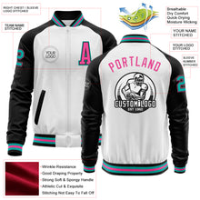 Charger l'image dans la galerie, Custom White Aqua Black-Pink Bomber Varsity Letterman Two Tone Zipper Jacket