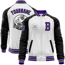 Charger l'image dans la galerie, Custom White Purple-Black Bomber Varsity Letterman Two Tone Zipper Jacket