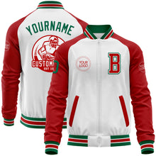 Загрузить изображение в средство просмотра галереи, Custom White Kelly Green-Red Bomber Varsity Letterman Two Tone Zipper Jacket