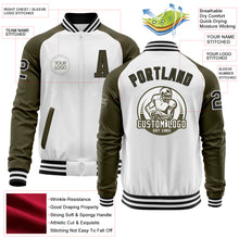 Charger l'image dans la galerie, Custom White Black-Olive Bomber Varsity Letterman Two Tone Zipper Jacket