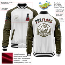 Laden Sie das Bild in den Galerie-Viewer, Custom White Vintage USA Flag Black-Olive Bomber Varsity Letterman Two Tone Zipper Jacket
