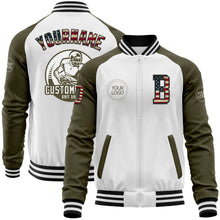 Laden Sie das Bild in den Galerie-Viewer, Custom White Vintage USA Flag Black-Olive Bomber Varsity Letterman Two Tone Zipper Jacket