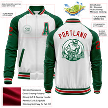 Load image into Gallery viewer, Custom White Red-Kelly Green Bomber Varsity Letterman Two Tone Zipper Jacket