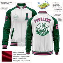 Загрузить изображение в средство просмотра галереи, Custom White Pink-Kelly Green Bomber Varsity Letterman Two Tone Zipper Jacket