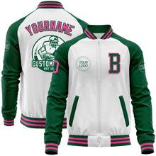 Загрузить изображение в средство просмотра галереи, Custom White Pink-Kelly Green Bomber Varsity Letterman Two Tone Zipper Jacket