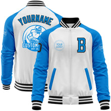 Charger l'image dans la galerie, Custom White Black-Powder Blue Bomber Varsity Letterman Two Tone Zipper Jacket