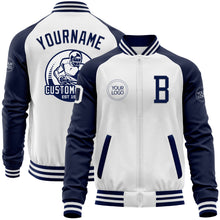 Laden Sie das Bild in den Galerie-Viewer, Custom White Navy Bomber Varsity Letterman Two Tone Zipper Jacket