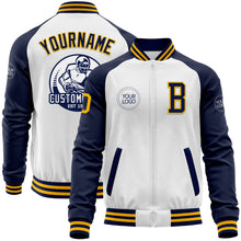 Charger l'image dans la galerie, Custom White Gold-Navy Bomber Varsity Letterman Two Tone Zipper Jacket