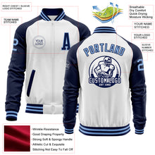 Laden Sie das Bild in den Galerie-Viewer, Custom White Light Blue-Navy Bomber Varsity Letterman Two Tone Zipper Jacket
