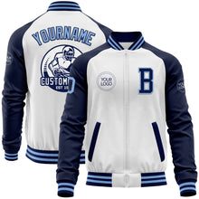 Laden Sie das Bild in den Galerie-Viewer, Custom White Light Blue-Navy Bomber Varsity Letterman Two Tone Zipper Jacket