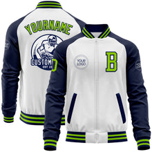 Загрузить изображение в средство просмотра галереи, Custom White Neon Green-Navy Bomber Varsity Letterman Two Tone Zipper Jacket