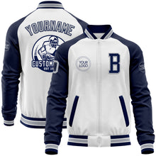 Laden Sie das Bild in den Galerie-Viewer, Custom White Gray-Navy Bomber Varsity Letterman Two Tone Zipper Jacket
