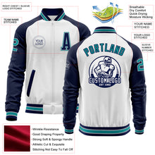 Charger l'image dans la galerie, Custom White Teal Gray-Navy Bomber Varsity Letterman Two Tone Zipper Jacket