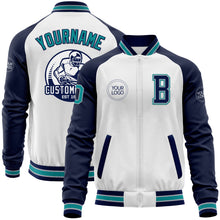 Charger l'image dans la galerie, Custom White Teal Gray-Navy Bomber Varsity Letterman Two Tone Zipper Jacket