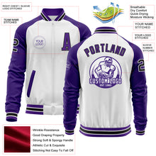 Load image into Gallery viewer, Custom White Black-Purple Bomber Varsity Letterman Two Tone Zipper Jacket