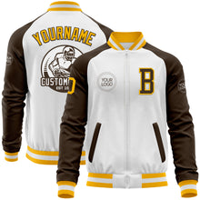 Charger l'image dans la galerie, Custom White Gold-Brown Bomber Varsity Letterman Two Tone Zipper Jacket